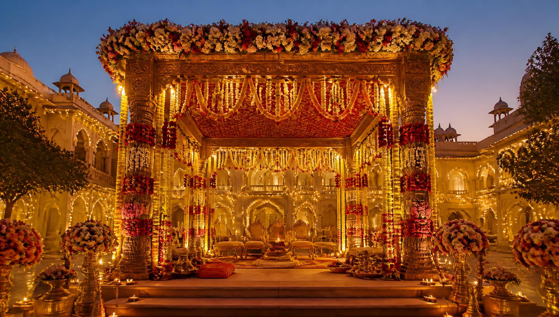 Golden mandap decorated with marigold garlands in a Jaipur palace courtyard at dusk